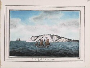 'Östliche Küste der Insel Moen, Dänemark', im Vordergrund Segelschiff Aquarell