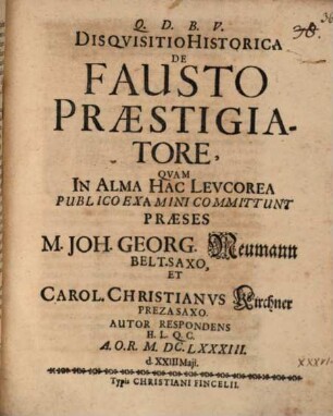 Disquisitio Historica De Fausto Praestigiatore