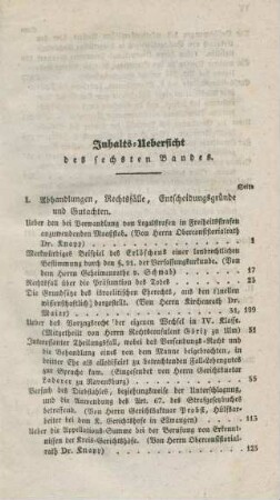 Inhalts-Uebersicht des sechsten Bandes