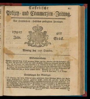 41tes Stueck, Montag den 10ten October. 1791