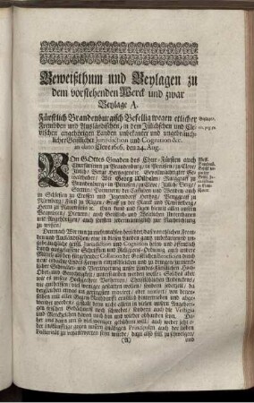beweißthum und Beylagen zu dem vorstehenden Werck und zwar ...