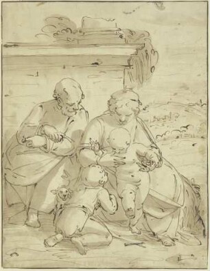 Die Heilige Familie mit dem Johannesknaben vor einer Mauer mit Säulenfuß