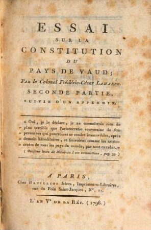 Essai Sur La Constitution Du Pays De Vaud, 2