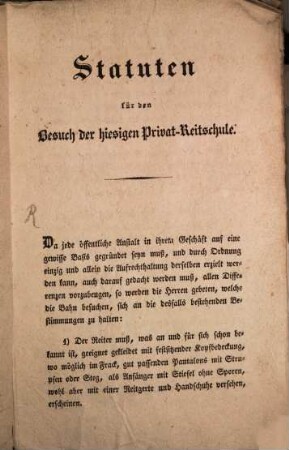 Statuten für den Besuch der hiesigen Privatreitschule