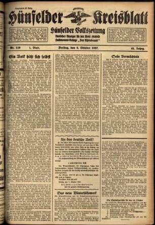 Erste Ausgabe vom Freitag, den 08. Oktober 1937.