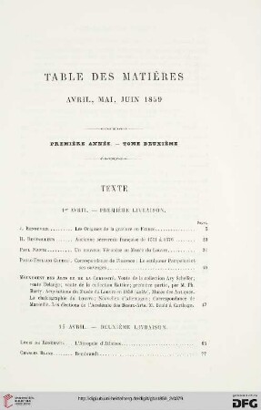Table des matières: Avril, Mai, Juin 1859