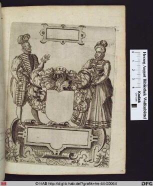 Leeres Wappenschild mit Blattwerk und Helm, flankiert von einer Frau und einem Mann.