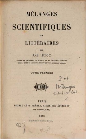 Mélanges scientifiques et littéraires, 1
