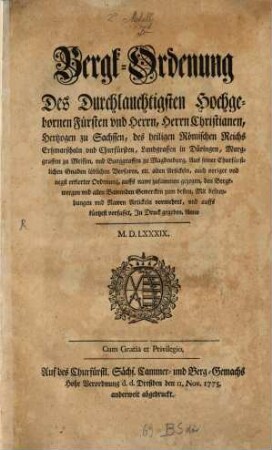 Bergordnung des Christian Herzogs zu Sachsen