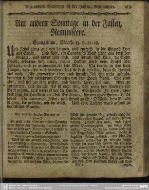 Am andern Sonntage in der Fasten, Reminiscere. Evangelium, Matth. 15. v. 21-28