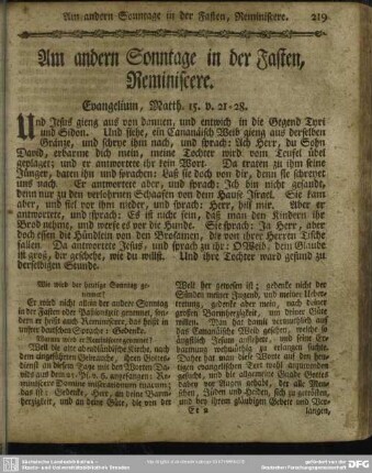 Am andern Sonntage in der Fasten, Reminiscere. Evangelium, Matth. 15. v. 21-28