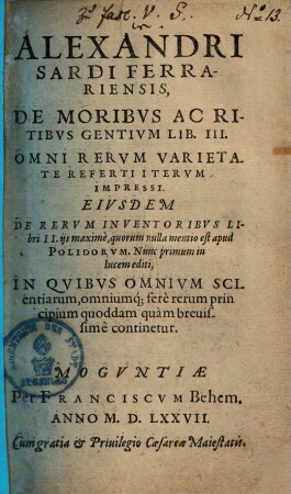 De moribus ac ritibus gentium : lib. III ; omni rerum varietate referti iterum impressi