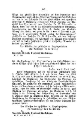 Nachholung der Reifeprüfung im Hebräischen vor einer Wissenschaftlichen Prüfungs-Kommission für das höhere Schulamt : [D. Höhere Lehranstalten]