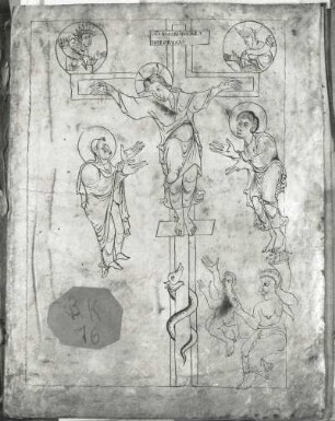 Abdinghofer Evangeliar. Kreuzigung, 1 r. Buchmalerei. Kassel, 11. Jahrhundert. Berlin, Staatsbibliothek Ms.Theol.fol.60