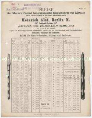 Preise für Morse's Patent Amerikanische Spiralbohrer für Metalle