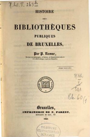 Histoire des Bibliotheques publiques de la Belgique, 1