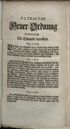 Extractus Feuer-Ordnung de Anno 1728. Die Schmiedt betreffend