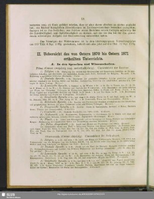 II. Uebersicht des von Ostern 1870 bis Ostern 1871 ertheilten Unterrichts