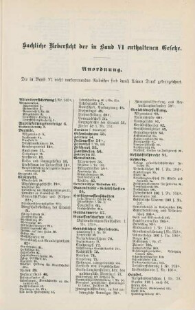 Sachliche Uebersicht der in Band VI enthaltenen Gesetze.