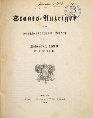 Staatsanzeiger für das Großherzogtum Baden. 1890