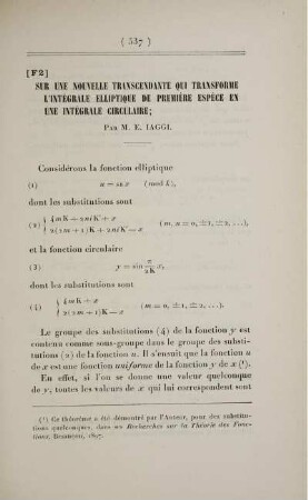 [F2] Sur une nouvelle transcendante qui transforme l'intégrale elliptique de première espèce en une intégrale circulaire.