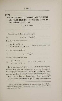 [F2] Sur une nouvelle transcendante qui transforme l'intégrale elliptique de première espèce en une intégrale circulaire.