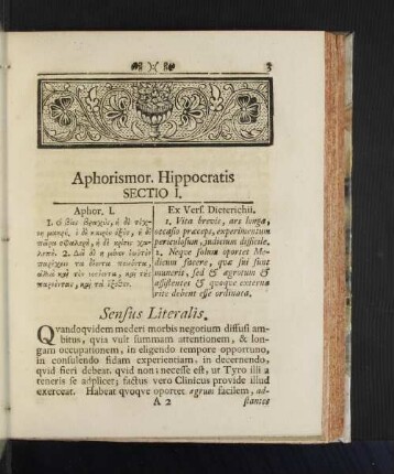 Aphorismor. Hippocratis Sectio I. Aphor. I.
