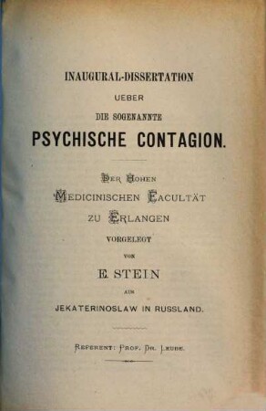 Inaugural-Dissertation ueber die sogenannte psychische Contagion