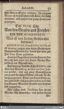 Das XLIX. Cap. Von den Grafen und Freyherren von Hohenfeld