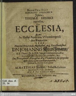 Disputatio theologica Jesuitae, Thomae Henrici opposita, de ecclesia