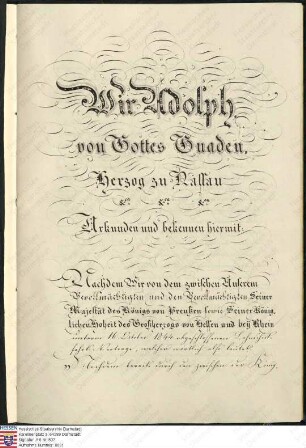 Vertrag zwischen Hessen, Nassau und Preußen über die Schiffbarmachung der Lahn. (Ratifikation Nassau)