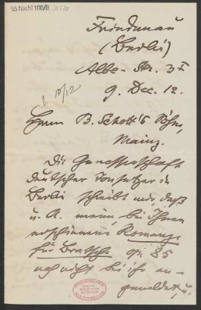 Brief an B. Schott's Söhne : 09.12.1912