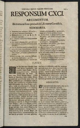 195-217, Responsum CXCI. Torturae quoad famam periculum - Responsum CXCIII. Superiorit. territ. in feudum oblata. vas. et subdit.
