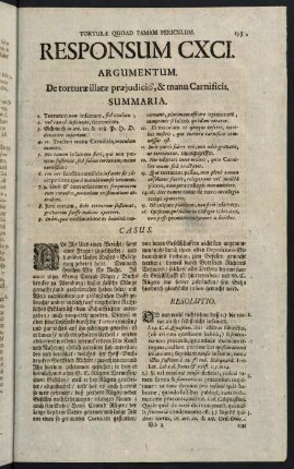 195-217, Responsum CXCI. Torturae quoad famam periculum - Responsum CXCIII. Superiorit. territ. in feudum oblata. vas. et subdit.