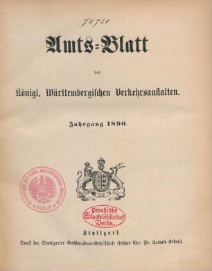 1890: Amtsblatt der Württembergischen Verkehrsanstalten