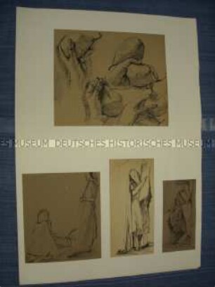 Handstudie mit Birne und 3 Studien mit weiblicher Gestalt, 4 Blatt