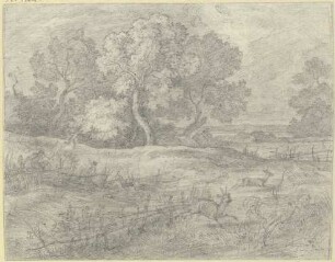 Baumbestandene Wiesenlandschaft, über die Jäger fliehende Rehe verfolgen