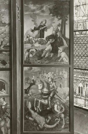Döbeln, Nicolaikirche, Innenraum, Altar : Flügelaltar, 2. Wandlung, rechter Flügel: Rochus und Georg, Temperagemälde