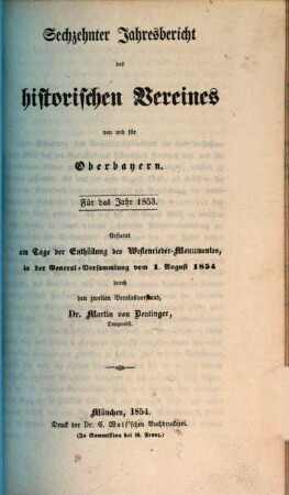 Jahresbericht des Historischen Vereins von Oberbayern. 16. 1853 (1854)