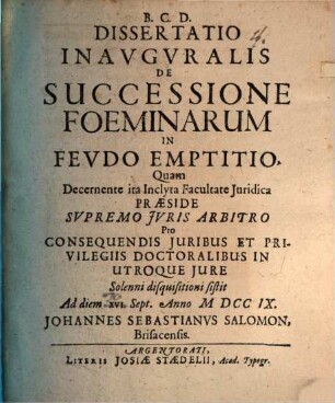Diss. inaug. de successione foeminarum in feudo emptitio