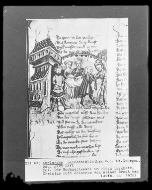 Des Saelden Hort (Des Glückes Hort) — Hochzeitsmahl in einem Burghofe. Christus ruft Johannes von seiner Braut weg, Folio 26verso