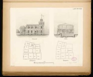 Wohnhaus, Eberswalde Monatskonkurrenz Juli 1880: Grundriss Keller, Dachgeschoss, Aufriss Straßenansicht (Sandgasse), Querschnitt 1:150; Maßstabsleiste