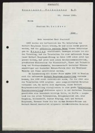 Brief von Breslauer Volksbühne an Gustav Leißner