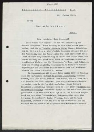 Brief von Breslauer Volksbühne an Gustav Leißner