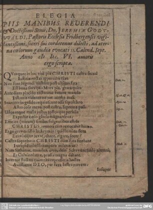 Elegia Piis Manibus Reverendi & Doctissimi Senis, Dn. Jeremiae Godtwaldi ...