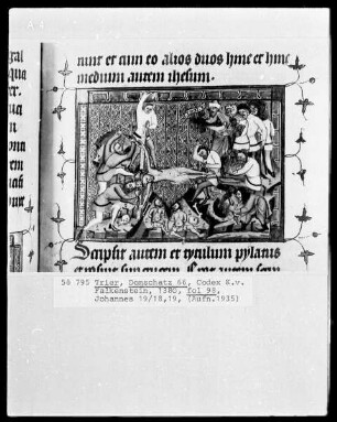 Perikopenbuch des Erzbischofs Kuno von Falkenstein: Christus wird an das am Boden liegende Kreuz genagelt