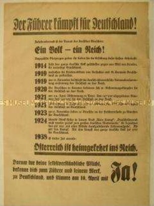 Flugblatt zur Abstimmung über den "Anschluss" Österreichs und zu den Reichstagswahlen vom 10.04.1938