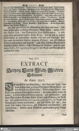 Num. XXI. Extract Hertzog Carls Pfaltz-Graven Testament de Anno 1597