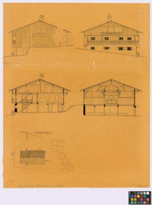Icking (Landkreis Wolfratshausen): Bauernhaus, [Altes Haus Klostermayer]. - Haupthaus (zwei Giebel-Ansichten, zwei Schnitte). - Lageplan