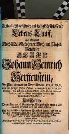 Rühmlichst geführter ... Lebenslauff des weyland ... Johann Heinrich Herttenstein, ... Beeder Rechten Doctoris ...[zu Straßburg]